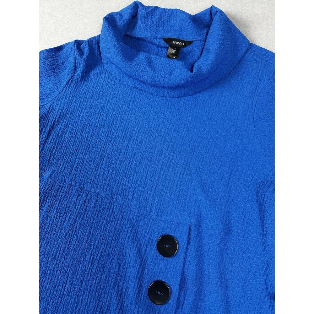 Ali Miles Woven Pucker Textured Cowl Neck Tunic Blue Sz 1X Buttons Lagenlook